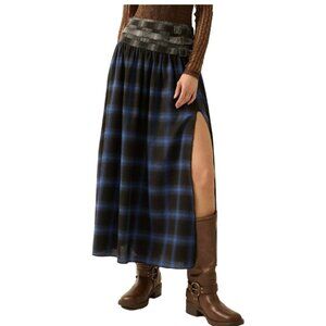 Promesa Blue Flannel Plaid Drop-Waist Belted Maxi Skirt FSC0089